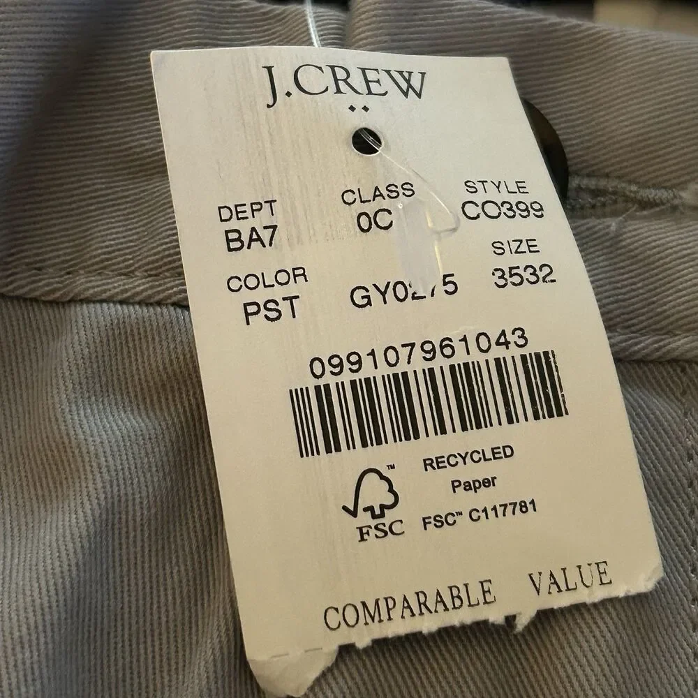 J Crew Pants Mens 35x32 Stone Gray Slim Original Chino Casual Office CO399 NWT